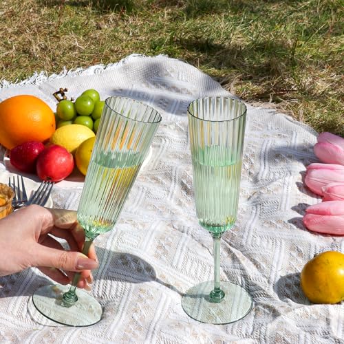 SHIQIKEJIPTY 12 Pack Plastic Champagne Flutes Sage Green Unbreakable Ribbed Champagne Glasses Detachable 5.5 Oz Disposable...