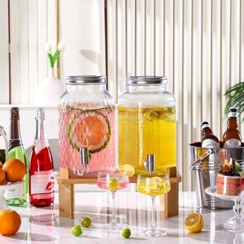 2 PCS Glass Drink Dispenser Set 1.5 Gallon With Stand, Spigot, Large Water Drink Dispensers for Parties for Lemonade, Juic...