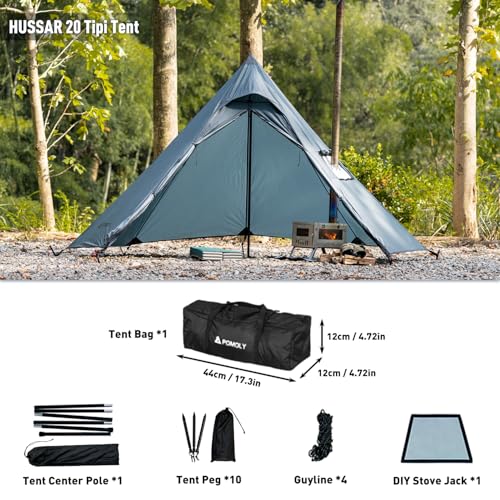 POMOLY Tipi Tent Camping Hot Tent, Hussar 20 Ultralight Solo Teepee with Stove Jack for 1P Hiking, Backpacking