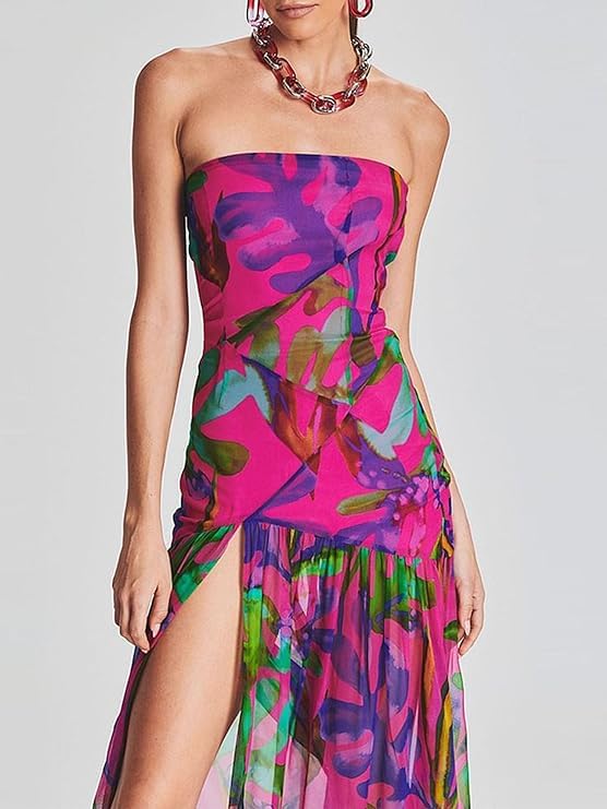 Women Tube Top Dress Tiger Stripe Mesh Patchwork Maxi Dress Strapless Sexy High Slit Long Dresses Party Clubwear
