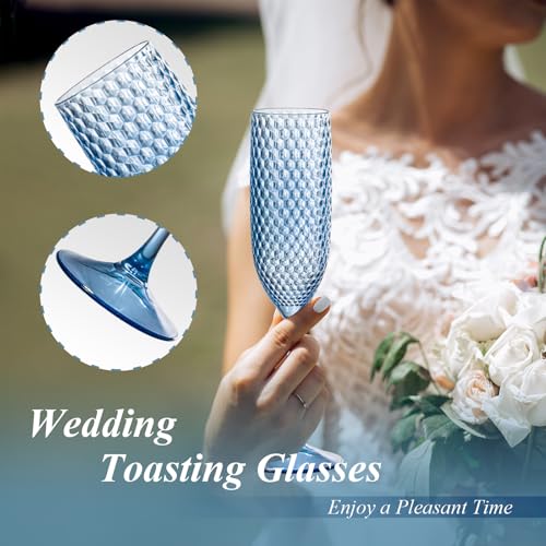 12 Pack Plastic Champagne Flutes Vintage Light Blue Goblet Champagne Glasses Unbreakable Wedding Toasting Glasses Diamond ...