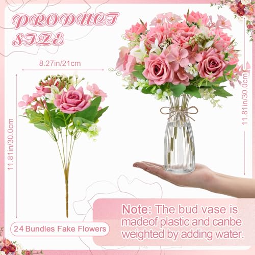 Thiccywoov 36 Pack Artificial Mini Rose Flowers with Vase Bulk, 24 Bundles Silk Rose Flower Artificial Bouquet 12 Plastic ...