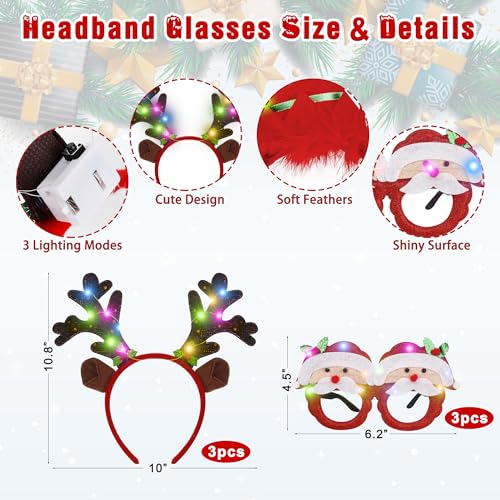 9PCS Christmas Party Favors, Light Up Christmas Necklace Headband Glasses Set, Xmas Bulb Necklace Antler Tree Lights Holid...