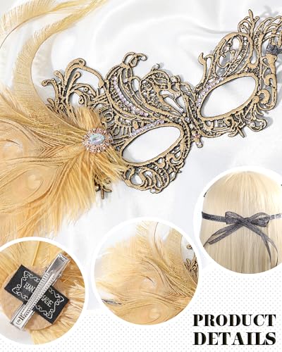 Zinniday Feather Masquerade Mask for Women - Halloween Lace Eyemask with Removable Peacock Feathers, Venetian Party Masks