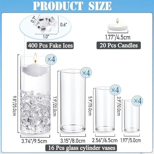 FFUW 20 PCS White Floating Candles and 16 PCS Glass Vases for Centerpieces with 400 Fake Ice Acrylic Rocks Vase Filler Flo...