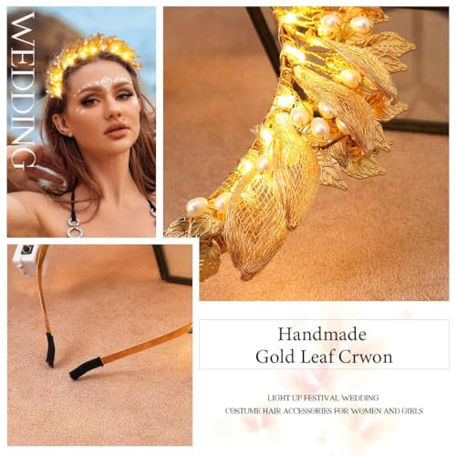 Catery Gold Leaf Headband Light up Greek Goddess Crown Headpiece Costume Accessories for Women