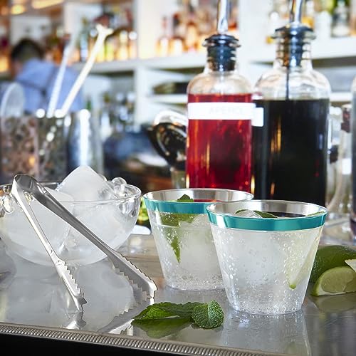 100 Teal Rimmed Plastic Cups and 1 Silver Ice Tong Set - 9 Ounce Disposable Wine Glasses - Plastic Cocktail Glasses - Fanc...