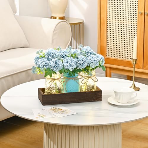BLEUM CADE Centerpiece Table Decorations - 3Pcs Hydrangea Artificial Flowers in Mason Jars with Wood Tray for Dining Table...