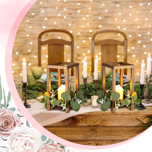 Geelin 12 Set 10.59'' Brown Wooden Lanterns for Centerpieces Include 12 Wooden Lantern 12 LED Candle 12 Eucalyptus Leaves ...