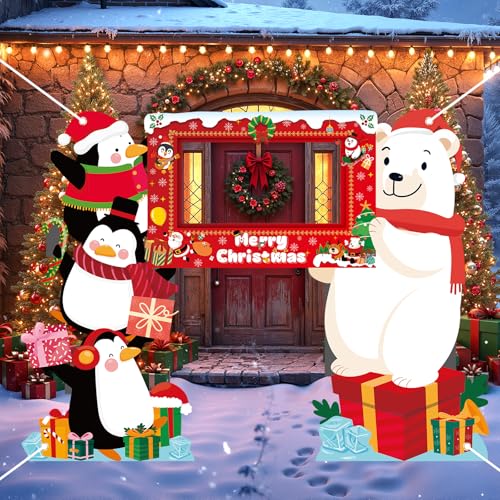 Christmas Photo Booth Props Selfie Frame Banner Polar Bear Penguin Xmas Backdrop for Christmas Xmas Winter Holiday Party N...