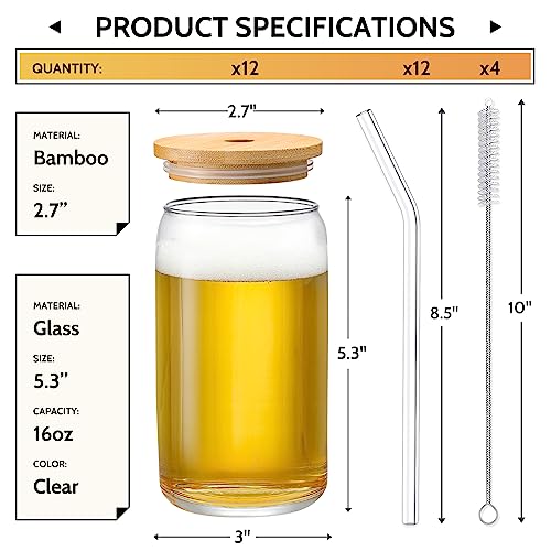[ 12pcs Set ] Glass Cups with Bamboo Lids and Glass Straw - Beer Shaped Drinking Glasses, 16 oz Iced Coffee Glasses, Cute ...