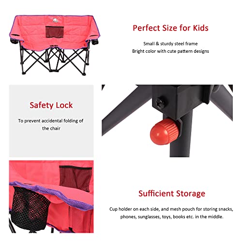 SUNNYFEEL Kids Folding Double Camping Chair, Portable Kids Camping Chairs 2 Seat Chair, Pink Padded Foldable Lawn Chairs w...