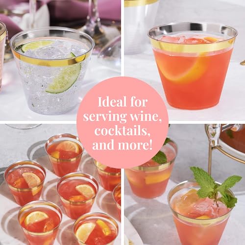 Prestee 100-Pack 9oz Gold Rimmed Plastic Cups Disposable Wine Glasses for Charcuterie, Weddings, Parties, and Events - Ele...