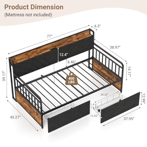 Zevemomo Twin Daybed with 2 Storage Drawers Charging Station LED Lights and Upholstered Headboard, Day Bed with Storage, Metal Bed Frame with Steel Slat Support for Living Room, Bedroom, Black