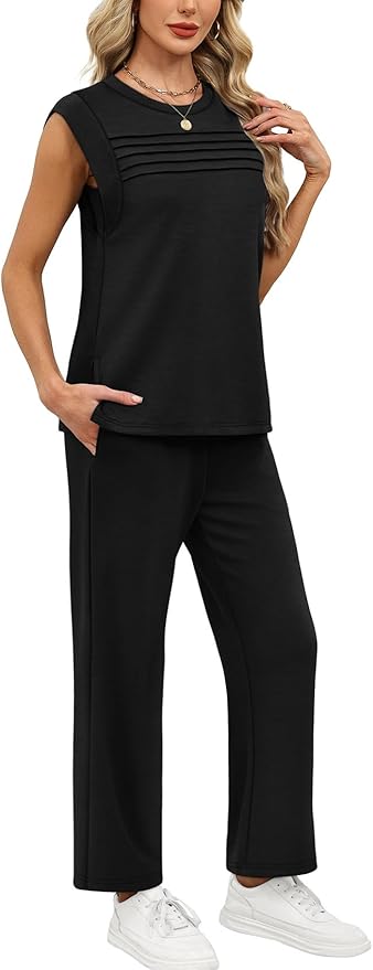 WIHOLL 2 Piece Sets for Women Summer Lounge Sets Travel Vacation Outfits Cap Sleeve Sweatsuit Side Slit Wide Leg Pants S-3XL
