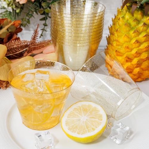I00000 100pcs Gold Plastic Cups - 9 OZ Hard Gold Glitter Disposable Cups for Cocktail And Drinking - Premium Disposable Pl...
