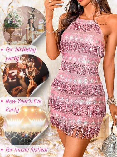 Kaei&Shi Fringe Sparkly Dresses,Heart Halter Sequin Mini Dress,Backless Birthday Dance Disco Outfits for Women