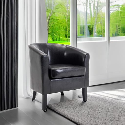 BELLEZE Living Room Chair, Faux Leather Round Accent Barrel Chair, Club Tub Sofa Chair for Bedroom, Corner Chair with Flared Legs and Cozy Soft Padding - Highland (Black)