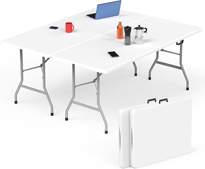 HLPB Folding Table - 2 Pcs, 6 ft Portable Camping Table with Handle and Safety Locks, Foldable Plastic Dining Table for In...