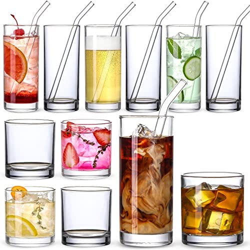 [ 12 Pack ] Glass Cups with Glass Straws, 12oz Highball & Rock Drinking Glasses, Everyday Drinkware Glasses Set, Cute Tumb...