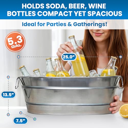 PLEXON Galvanized Tub with Handles - Beverage Tub - Metal Ice Bucket for Parties - Ice Bucket for Cocktail Bar Restaurant...