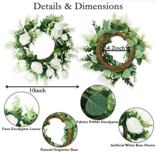 Acmee 4 Pcs White Rose Candle Rings - Artificial Floral Wreaths with Eucalyptus Leaves Greenery Garland for Pillar Candleh...