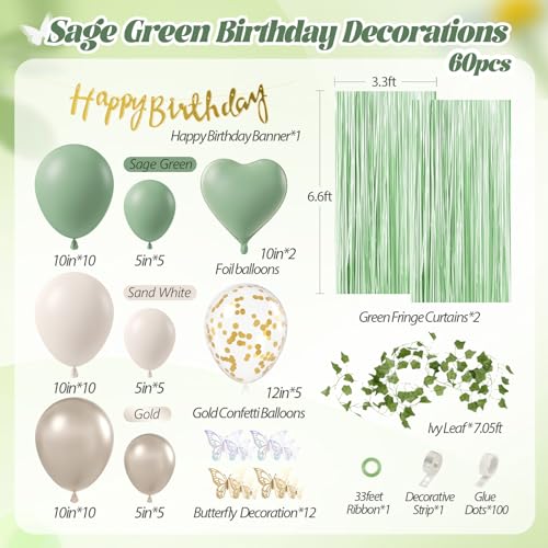 Sage Green Birthday Party Decorations with Happy Birthday Banner Green Fringe Curtain Butterfly Decorations Foil Balloons ...