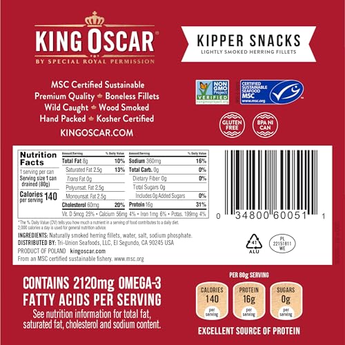 King Oscar Kipper Snacks, 3.54 Ounce Cans (Pack of 12), Lightly Smoked Herring Fillets, Wild Caught Canned Herring