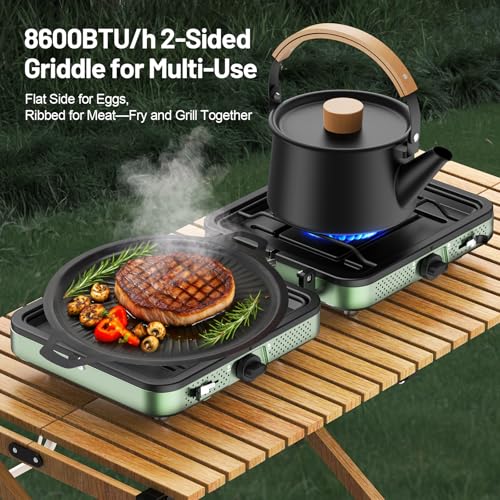 Portable Camping stove, 2 Burner Foldable Camping Stove with Griddle and Carrying Bag & Hose, 8600BTU Portable Propane Cam...