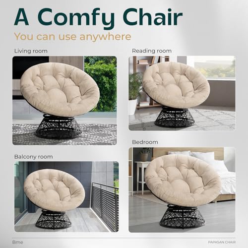 Bme 40" Ergonomic Wicker Papasan Chair with Soft Thick Density Fabric Cushion, High Capacity Steel Frame, 360 Degree Swive...