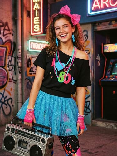 Vabean 19 Pcs 80s Costume Set T Shirt Leggings Tutu Skirt Headband Necklace Bracelets Earrings Gloves Leg Warmers for Women