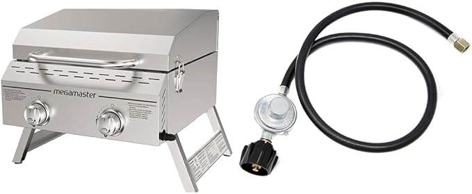 Megamaster 2-Burner 16,000 BTU Grill Bundle with Gas One 3 ft Propane Hose and Regulator for Fire Pits and Grills