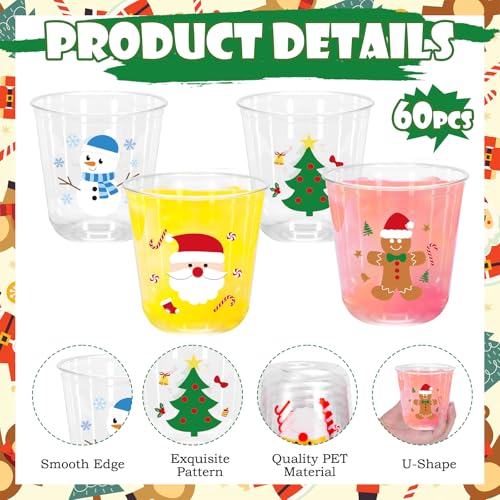 Whaline 60Pcs Christmas Plastic Cups 12 Oz Winter Snowman Gingerbread Man Santa Xmas tree Disposable Clear Stemless Wine C...