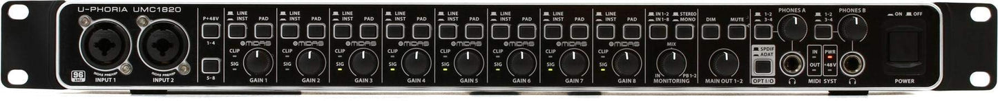 Behringer Umc1820 Audiophile 18X20 Usb Audio/Midi Interface With Midas Mic Preamplifiers And Adat I/O | For Recording Microphone