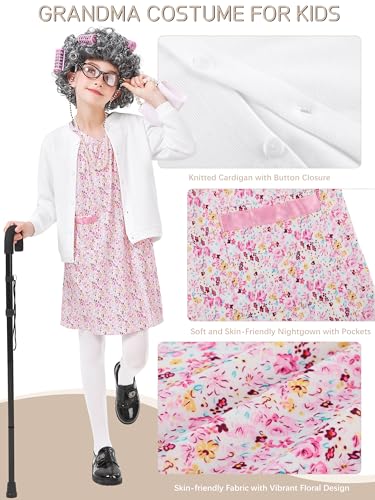 FancyFun 8 Pieces Old Lady Costume for Girls, 100 Days of School Costume for Kids Grandma Wig Granny Dress Cosplay Outifits