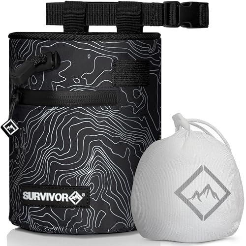 Chalk Bag + Refillable Chalk Ball - Iconic Topographical Map, Draw String Closure, 2 Zippered Pockets, & Brush Holder - Cl...