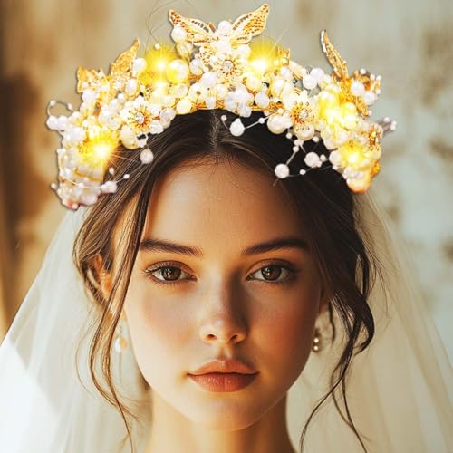 GORTIN Butterfly Crown and Tiara Gold Light up Flower Bride Wedding Headpiece Pearl Headband Bridal Hair Accessories for W...