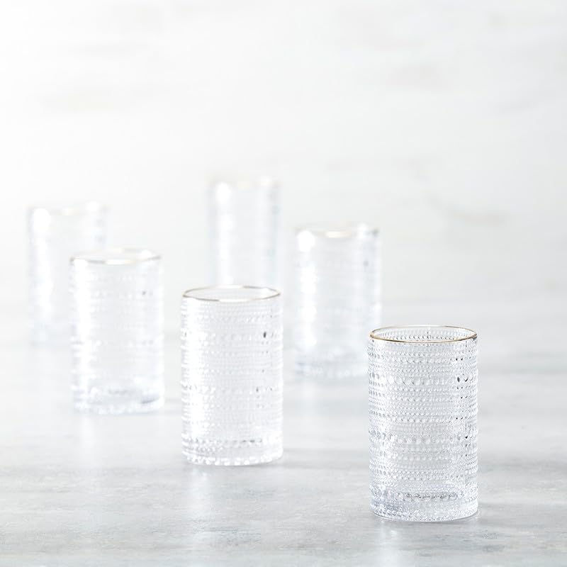 Fortessa Jupiter Beaded Hobnail Glass, 13 Ounce Iced Beverage (Set of 6), Gold Rim Clear