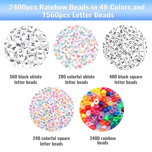 Quefe 3960pcs Pony Beads for Friendship Bracelet Making Kit 48 Colors Kandi Beads Set, 2400pcs Plastic Rainbow Bulk and 15...