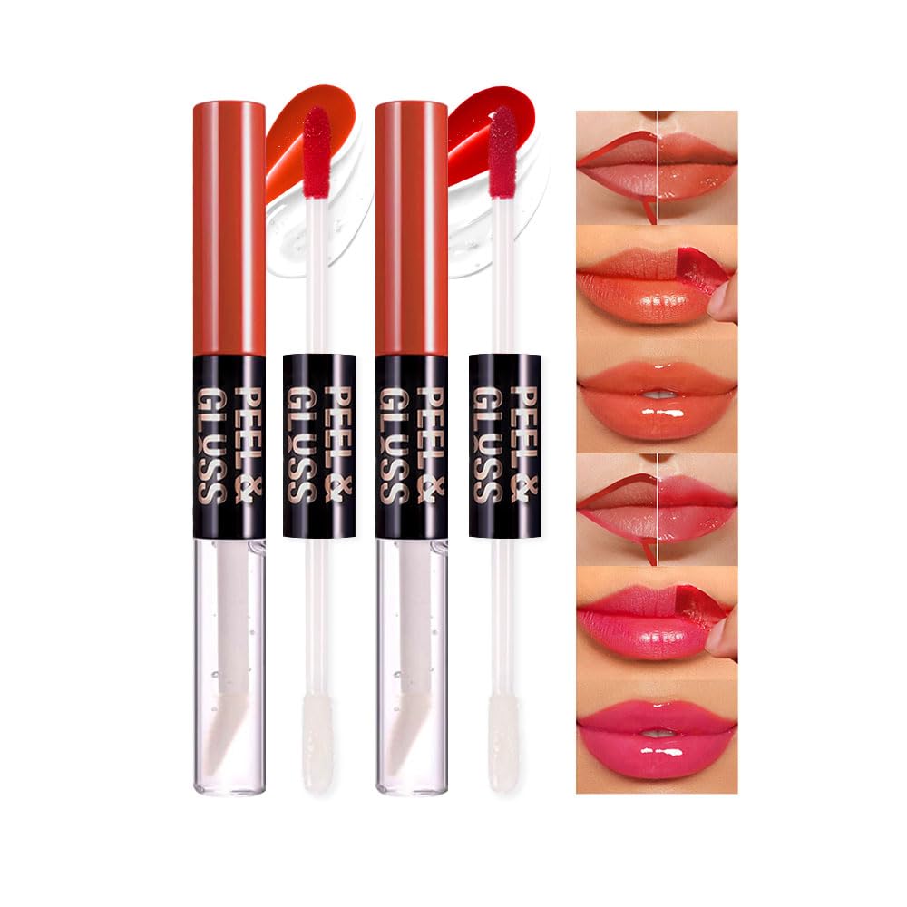 2Pcs Peel Off Lip Gloss Tattoo and Lip Oil 2-in-1, Lip Stain Peel Off Masque - Peel Off Lip Tint ,Long Lasting Waterproof Transf