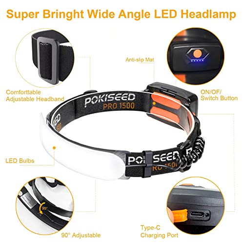 LED Headlamp Rechargeable, Super Bright 1500 Lumens 230° Wide Beam Headlamp, 3 Modes IPX6 Waterproof Lightweight Head Ligh...