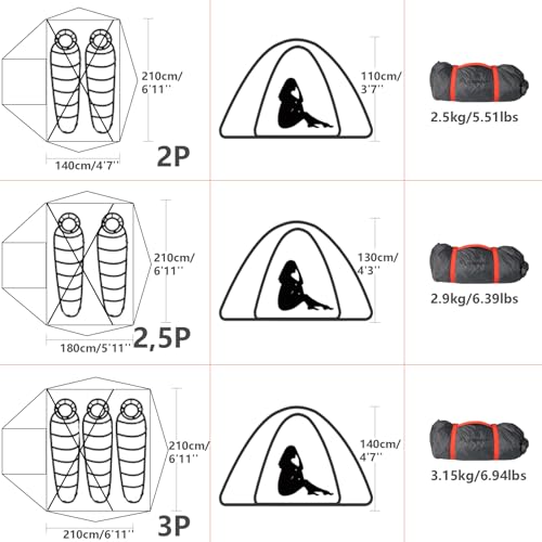 BISINNA Lightweight 3 Season Camping Tent for 2/2.5/3 Person, Waterproof UPF40+ Backpacking Tent with Double Layer Ventila...