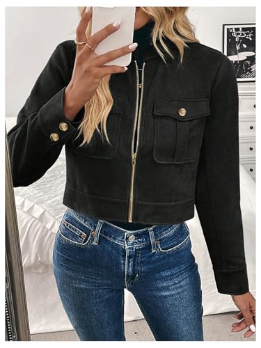 Verdusa Women's Zip Up Crop Spring Jackets Faux Suede Long Sleeve Motorcycle Cargo Jacket with Pockets