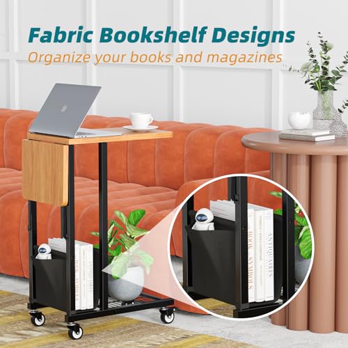 Simple Trending C Shaped End Table, Folding TV Tray Couch Side Table for Sofa on Wheels, Black