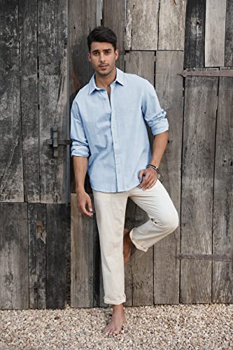 Mens Button Down Shirt Linen Cotton Shirts Casual Long Sleeve Spread Collar Lightweight Beach Plain Tops