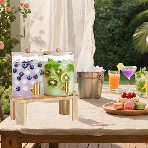 2 Pack Drink Dispenser with Wood Stand, Glass Beverage Dispenser with Spigot and Labels, Glass Water Dispenser for Partie...