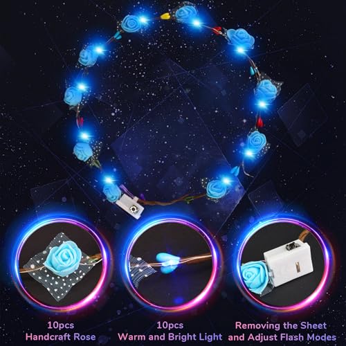YOFOBU 24PCS LED Flower Crown,Blue Light Up Flower Headband for Women,Glow in The Dark Flower Wreath Crowns for Halloween,...