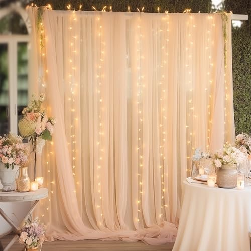 10×8ft Champagne Tulle Curtain Backdrop with Lights String for Parites, Sheer Backdrop Curtain Drapes for Wedding Photo Ba...