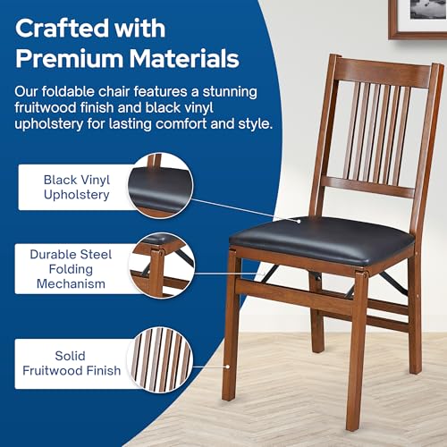 MECO Stakmore True Mission Wooden Folding Chairs with Padded Seats, Set of 2 - No Assembly Foldable Dining Chairs, Steel F...