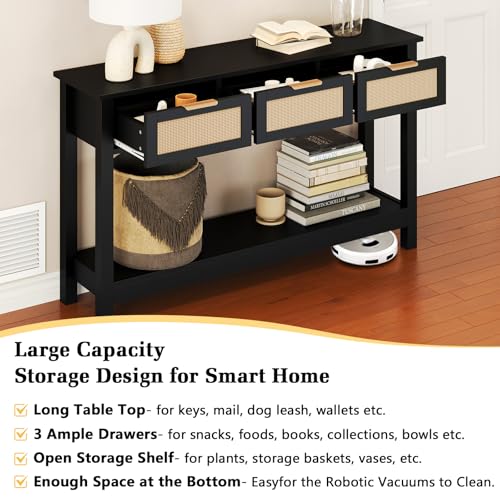 Luoxiao Entryway Console Table with 3 Rattan Drawers - Long Sofa Table Behind Couch Modern Fluted Hallway Living Room Storage Cabinet, Entry Table Open Shelf Foyer Furniture, Anti-Tip, Black, 47 Inch